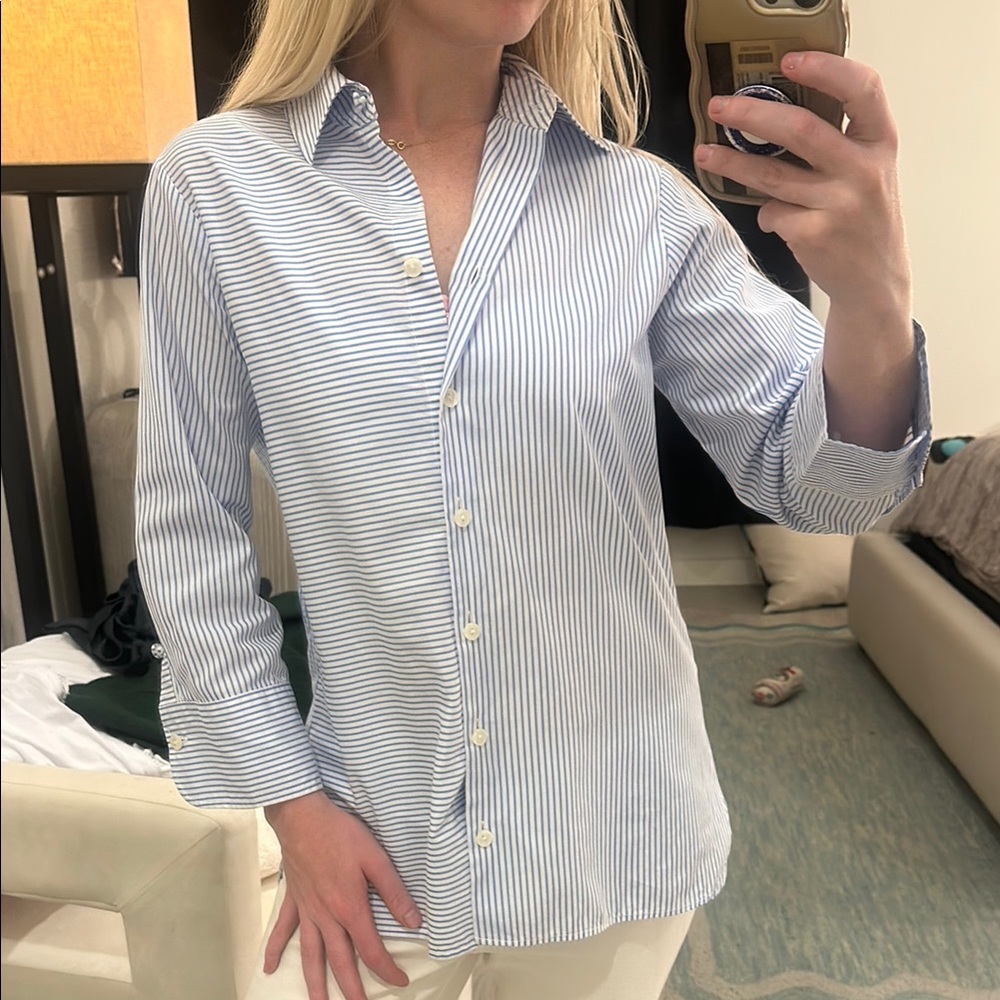 Blue Button Down Shirt with Three Quarter Sleeves
